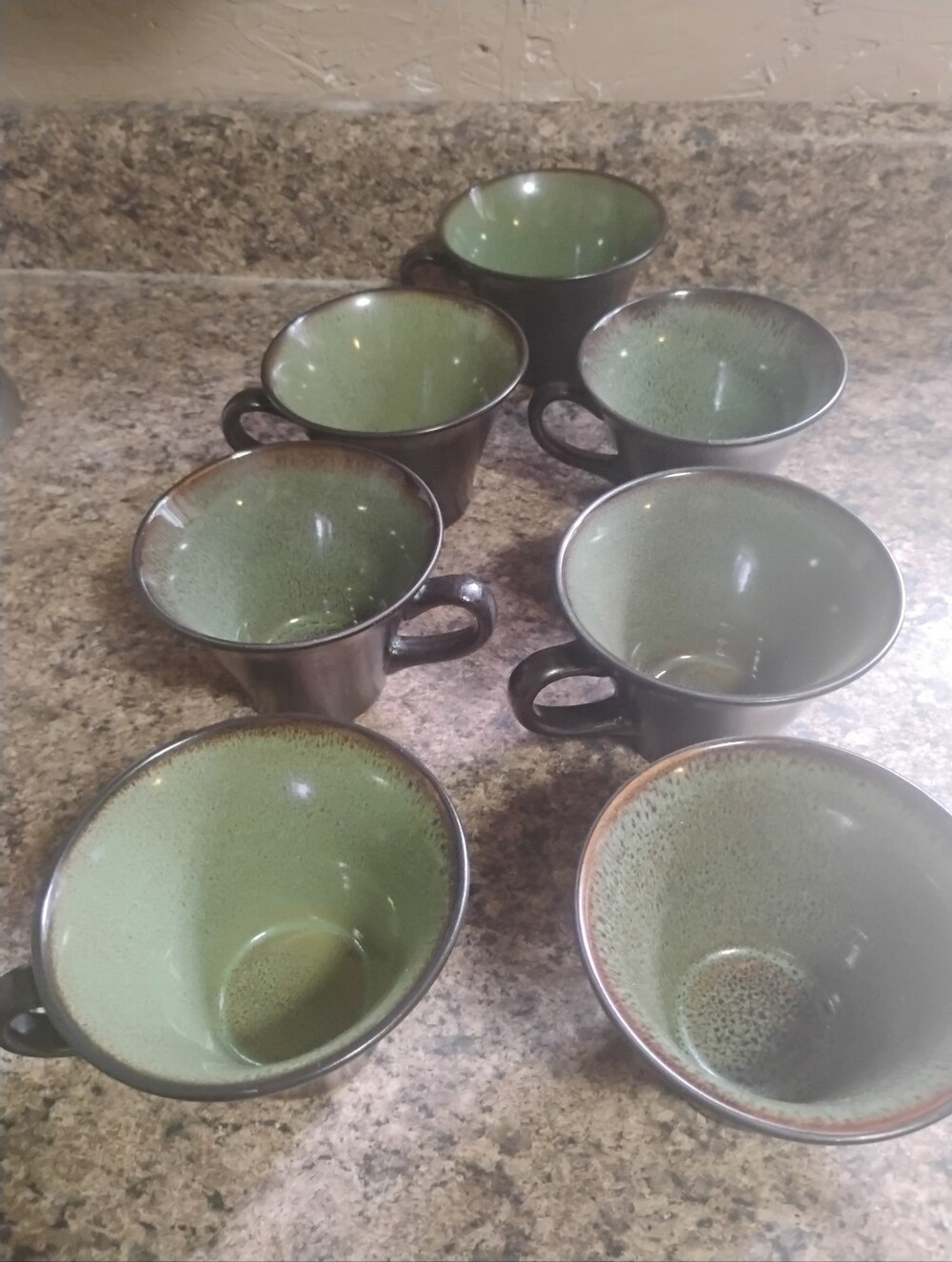 Set of 7 Vintage Gabbay by Gibson Fusion Wasabi Green & Brown Drip Glazed Mugs